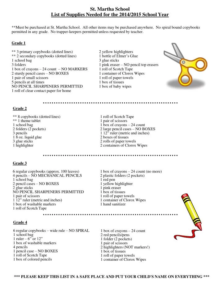 st martha school list of supplies needed for the 2014 2015 school year