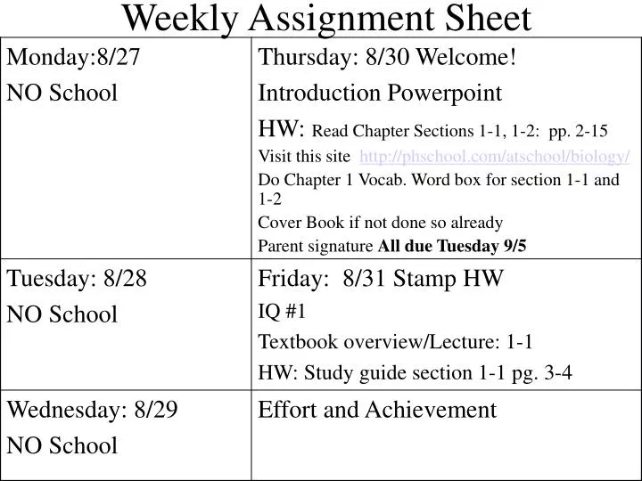 weekly assignment sheet