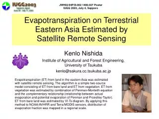 Evapotranspiration on Terrestrial Eastern Asia Estimated by Satellite Remote Sensing
