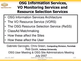 OSG Information Services, VO Monitoring Services and Resource Selection Services