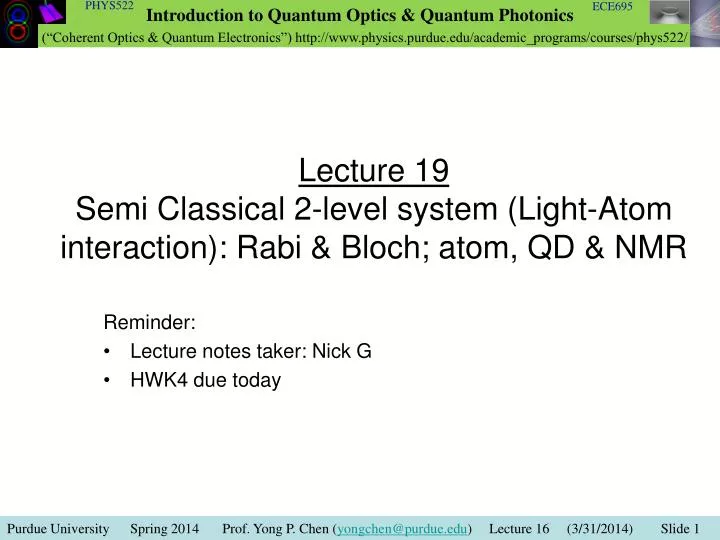 lecture 19 semi classical 2 level system light atom interaction rabi bloch atom qd nmr