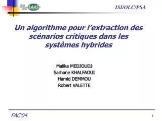 un algorithme pour l extraction des sc narios critiques dans les syst mes hybrides
