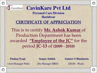 CavinKare Pvt Ltd Personal Care Division Haridwar Certificate of Appreciation