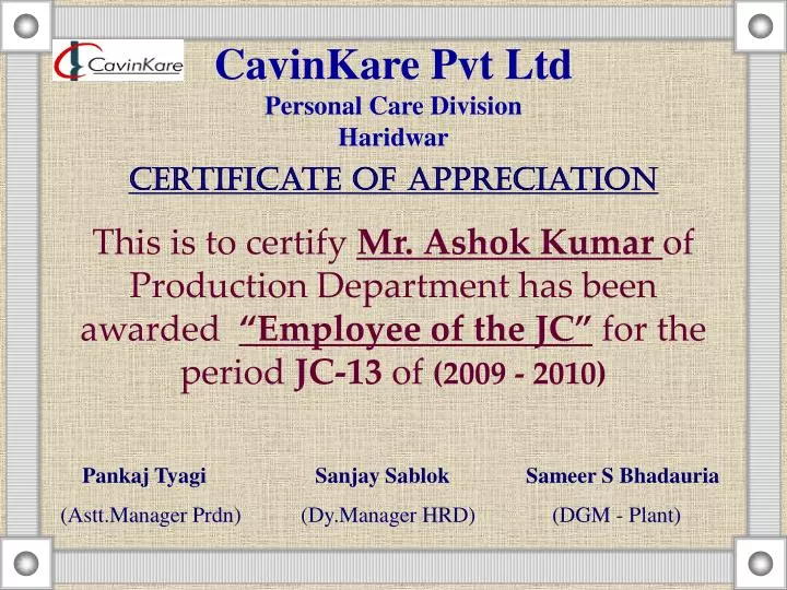 cavinkare pvt ltd personal care division haridwar certificate of appreciation
