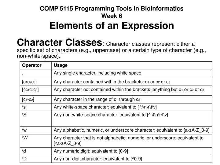 comp 5115 programming tools in bioinformatics week 6 elements of an expression