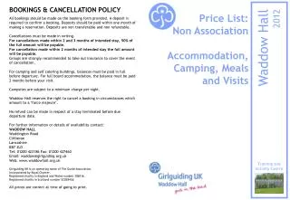 Price List: Non Association Accommodation, Camping, Meals and Visits