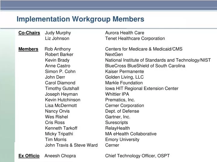 implementation workgroup members
