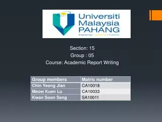 Section: 15 Group : 05 Course: Academic Report Writing