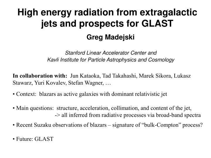 high energy radiation from extragalactic jets and prospects for glast