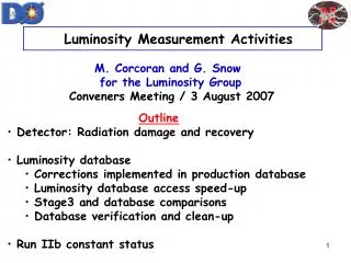 Luminosity Measurement Activities M. Corcoran and G. Snow
