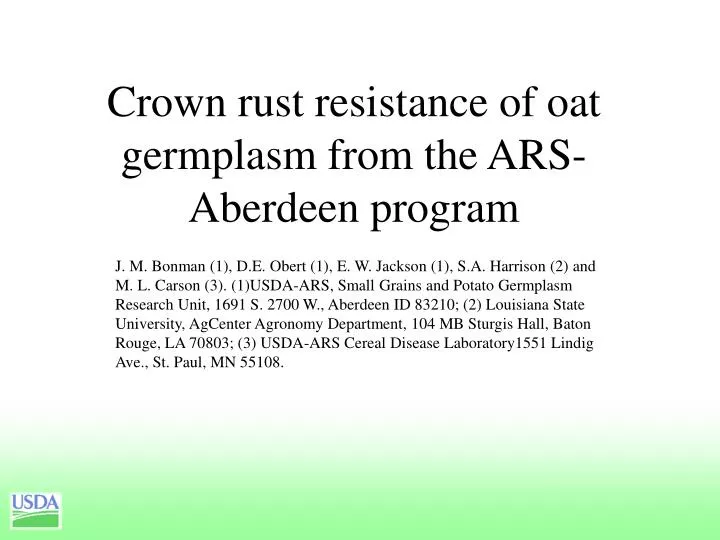 crown rust resistance of oat germplasm from the ars aberdeen program
