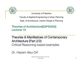 Theories of Architecture(EAPS4202) Lecturer 15