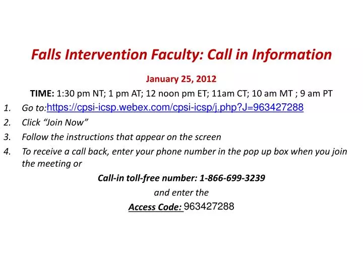 falls intervention faculty call in information