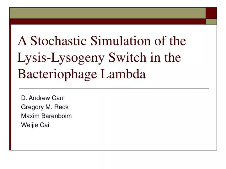 a stochastic simulation of the lysis lysogeny switch in the bacteriophage lambda