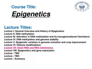 Course Title: Epigenetics