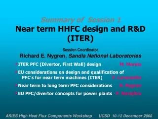 Summary of Session 1 Near term HHFC design and R&amp;D (ITER) Session Coordinator