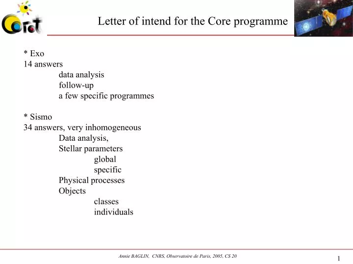 letter of intend for the core programme