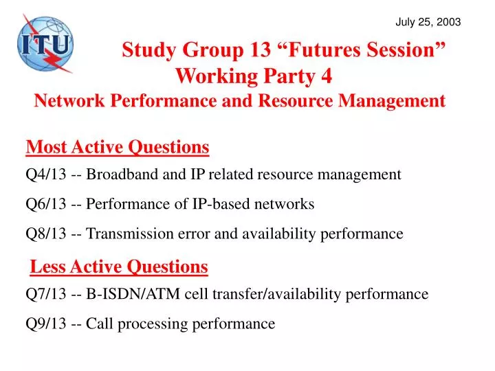 study group 13 futures session working party 4 network performance and resource management
