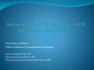 Overview of Good Clinical Practice (GCP) Investigator Responsibilities