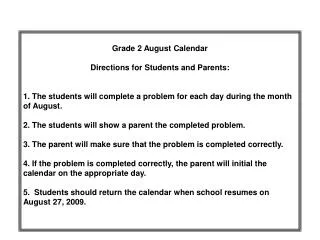 Grade 2 August Calendar Directions for Students and Parents:
