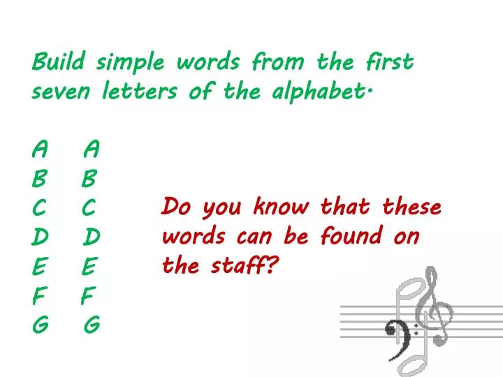 build simple words from the first seven letters of the alphabet a a b b c c d d e e f f g g