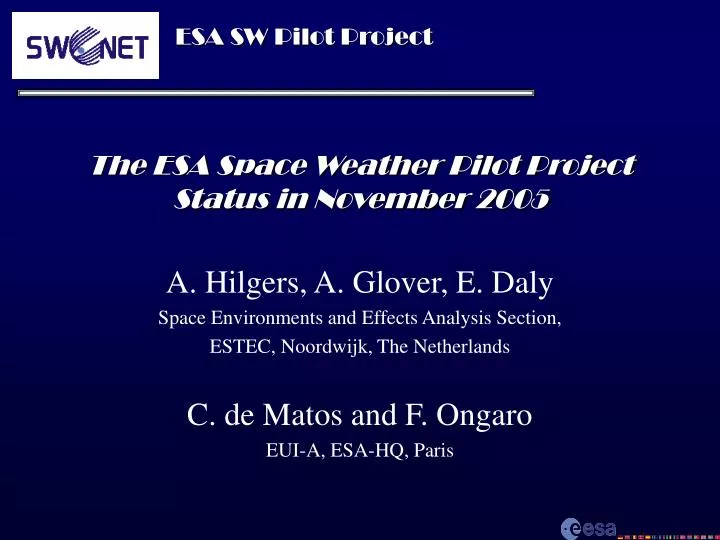 the esa space weather pilot project status in november 2005