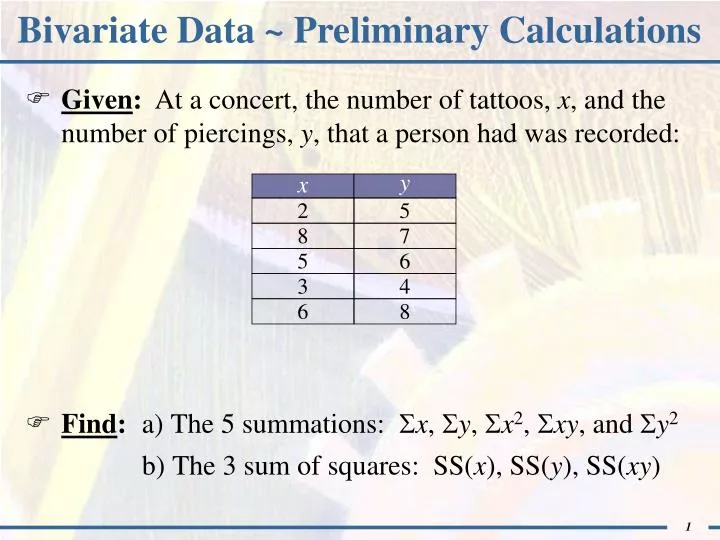 bivariate data preliminary calculations
