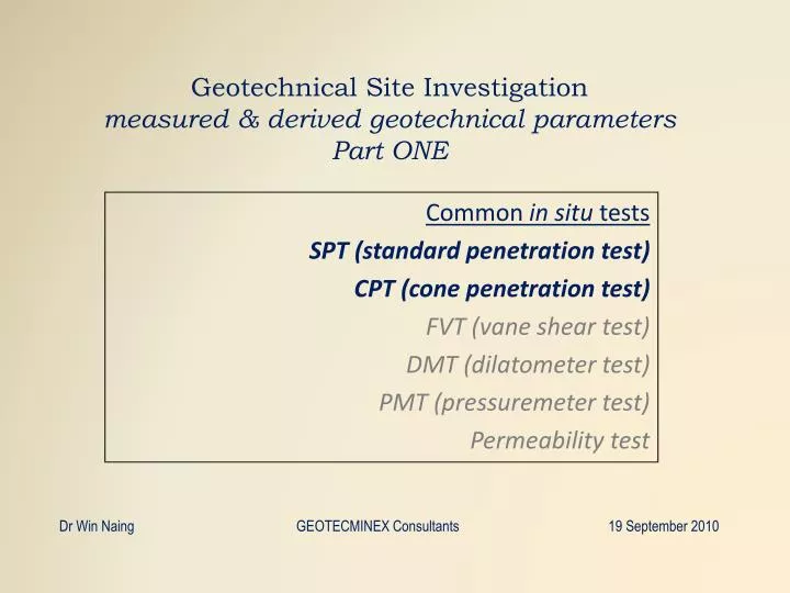 geotechnical site investigation measured derived geotechnical parameters part one