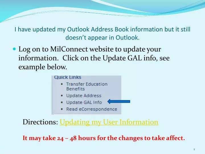i have updated my outlook address book information but it still doesn t appear in outlook