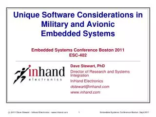 Dave Stewart, PhD Director of Research and Systems Integration InHand Electronics