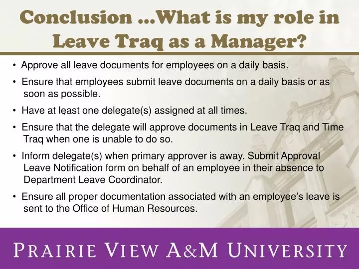 conclusion what is my role in leave traq as a manager