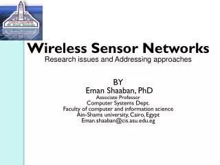 Wireless Sensor Networks Research issues and Addressing approaches BY Eman Shaaban , PhD