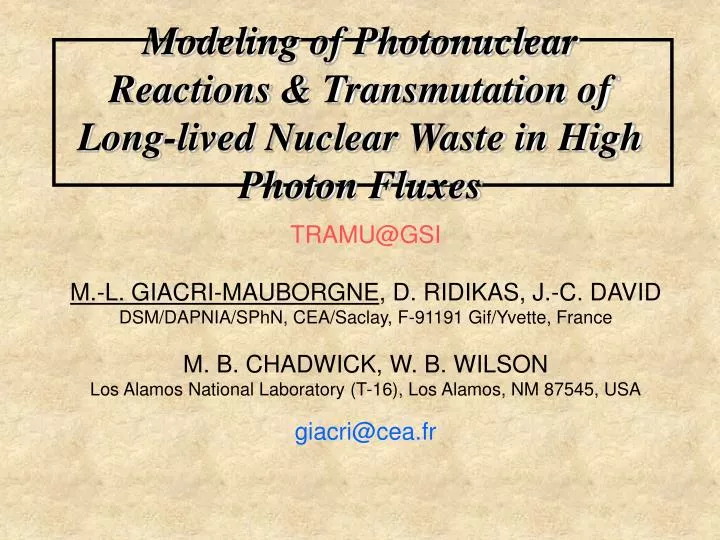 modeling of photonuclear reactions transmutation of long lived nuclear waste in high photon fluxes