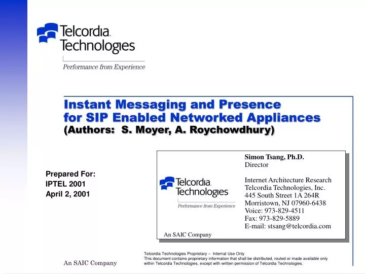 instant messaging and presence for sip enabled networked appliances authors s moyer a roychowdhury