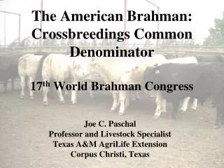 The American Brahman: Crossbreedings Common Denominator 17 th World Brahman Congress