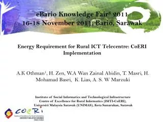 Energy Requirement for Rural ICT Telecentre : CoERI Implementation