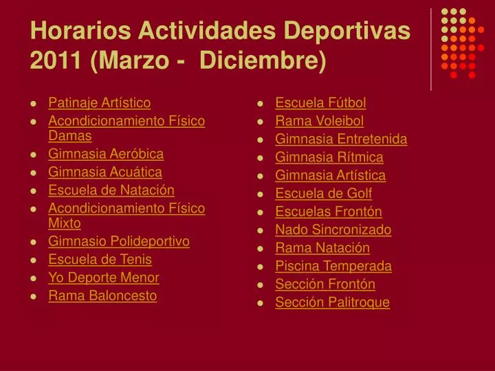 horarios actividades deportivas 2011 marzo diciembre