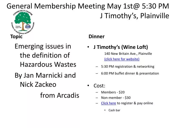 general membership meeting may 1st@ 5 30 pm j timothy s plainville