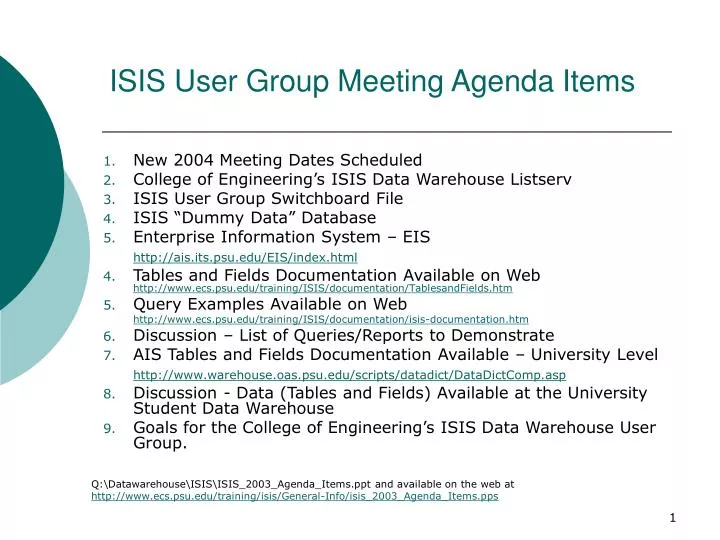isis user group meeting agenda items