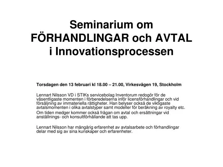 seminarium om f rhandlingar och avtal i innovationsprocessen