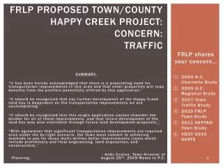 FRLP Proposed town/county happy creek project: Concern: Traffic