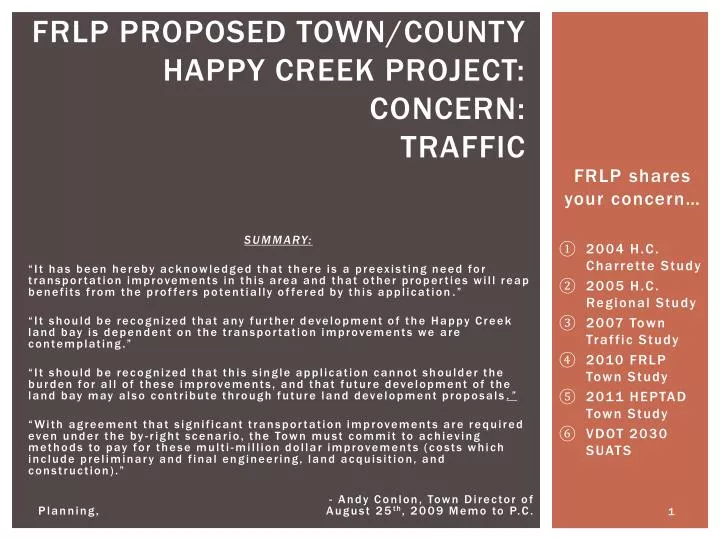 frlp proposed town county happy creek project concern traffic