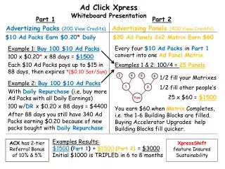 Example 1: Buy 100 $10 Ad Packs 100 x $0.20 * x 88 days = $1500