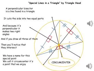 A perpendicular bisector is a line found in a triangle