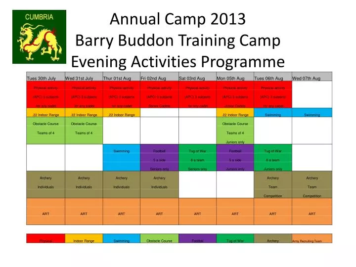 annual camp 2013 barry b uddon training camp evening activities programme