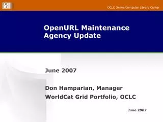 OpenURL Maintenance Agency Update