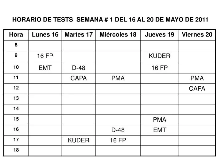 horario de tests semana 1 del 16 al 20 de mayo de 2011