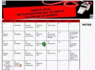 MARCH 2010 BETHLEHEM SPECIAL OLYMPICS CALENDAR OF EVENTS
