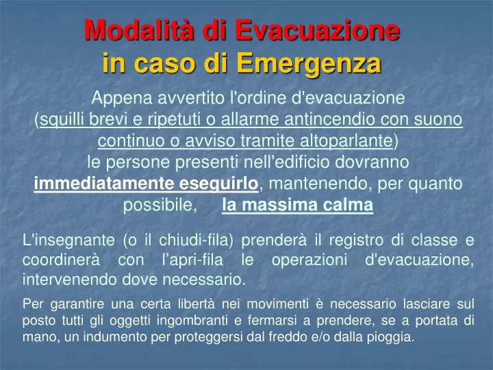 modalit di evacuazione in caso di emergenza