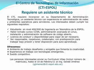 el centro de tecnolog as de informaci n cti espol requiere un asistente t cnico